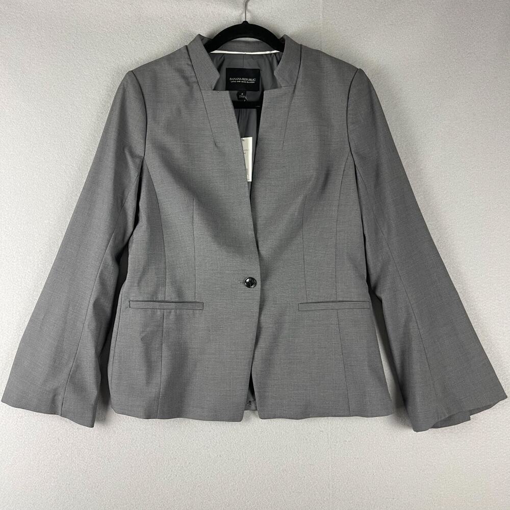 Banana Republic Long Lean Blazer Womens 4 Gray Inverted Collar Flared Sleeve NEW